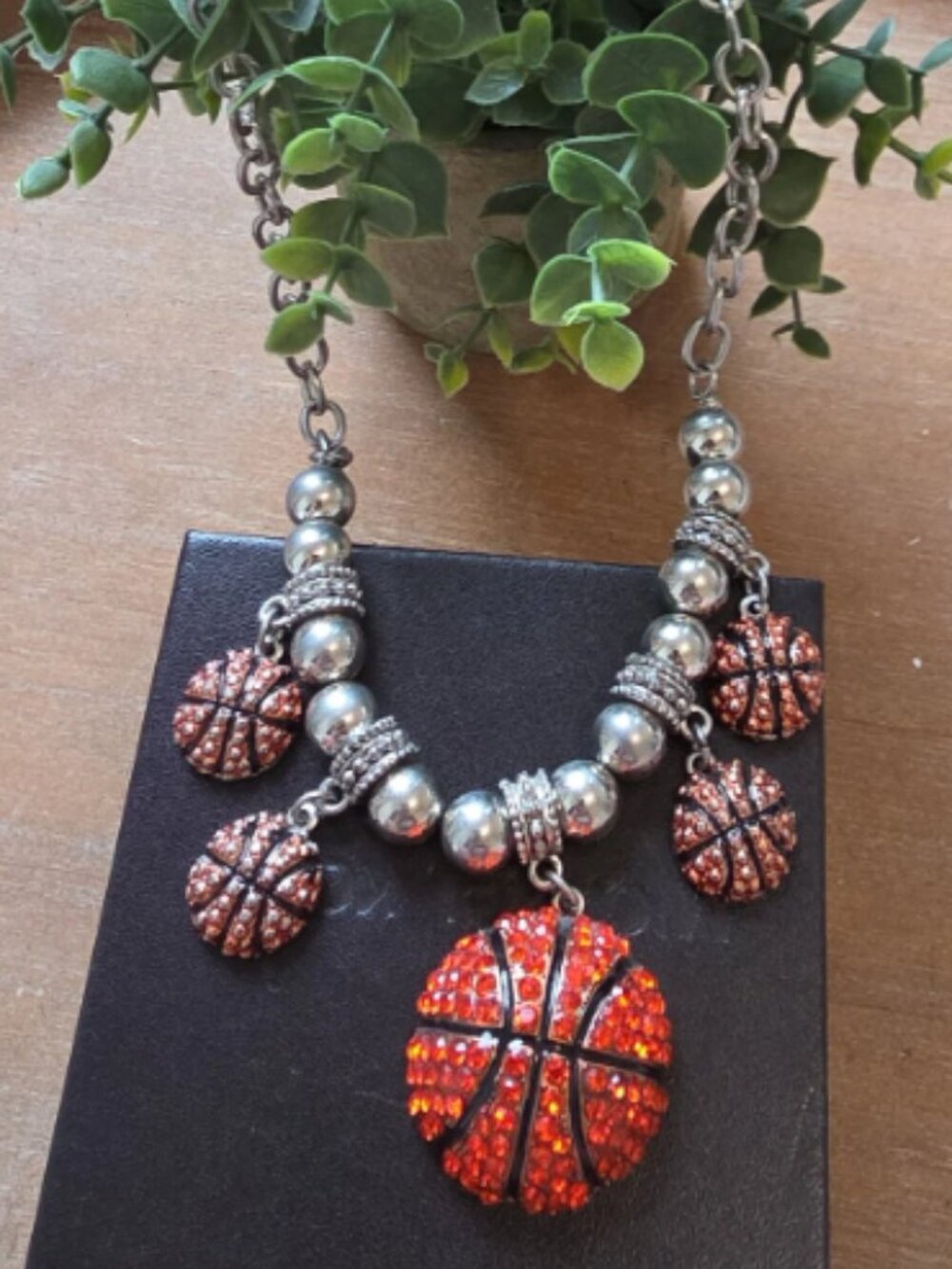 Rhinestone Basketball Charm Statement Necklace - Silver Beaded